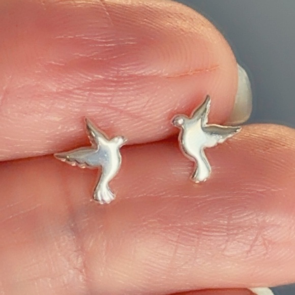 Sterling Silver Tiny Dove Bird Earrings - Picture 10 of 11